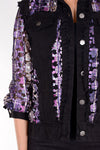 Frederique Flower Embossed Raw Seam Jacket in Black with plum and pink embossed mesh flowers. Jean jacket styling with mesh flower embossed inserts. Classic fit._t_34479334326472