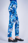 Lisette L Montreal Blue Black Floral Pant.  3" waistband pull on pant. with tummy control panel.  Snug through the stomach hip and thigh.  Slim leg.  Inseam: 28"_t_59875934634350