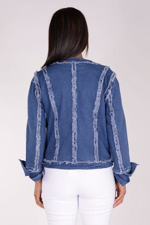 Frederique 4 Pocket Denim Jacket. Crew neck collarless jacket with hook and eye closures. Long sleeves with split cuffs. 4 front pockets with gold button trim. Fringed detail in front and around neckline and hem. Contour seaming with fringed edges. Classic fit._34338147729608
