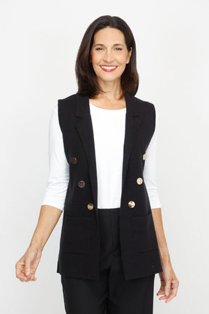 Metric Button Vest in Black.  Notched lapel open front vest with 3 gold tone buttons on the diagonal on each front side.  2 front patch pockets.  Classic fit._61255796490606