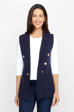 Metric Button Vest in Navy.  Notched lapel open front vest with 3 gold tone buttons on the diagonal on each front side.  2 front patch pockets.  Classic fit._61255796588910