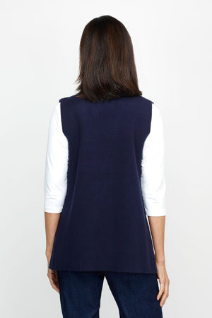 Metric Button Vest in Navy.  Notched lapel open front vest with 3 gold tone buttons on the diagonal on each front side.  2 front patch pockets.  Classic fit._61255796621678