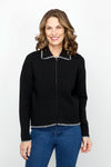 Metric 2 Tone Contrast Stitch Cardigan in Black.  Zip front with pointed collar and long sleeves.  Contrast color blanket stitch around neck, hem and cuff.  Lightly textured.  Slightly boxy shape.  Relaxed fit._t_61478215418222