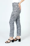 Lisette L Montreal Stretch Dot Ankle Pant in Black/White.  Sketched oblong dots print.  3" waistband pull on pant with tummy control.  Snug through stomach and hip and thigh.  Slim leg.  28" inseam._t_59950051885422