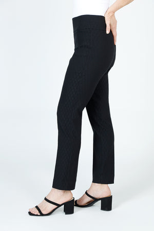 Lisette L Montreal Honeycomb Jacquard Ankle Pant in Black.  3" waistband pull on pant with honeycomb jacquard textured fabric.  Snug through stomach and hip, slim through leg.  29" inseam._59949884473710