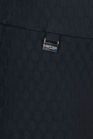 Lisette L Montreal Honeycomb Jacquard Ankle Pant in Black.  3" waistband pull on pant with honeycomb jacquard textured fabric.  Snug through stomach and hip, slim through leg.  29" inseam._59949884440942