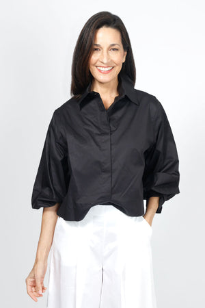 Planet Puffy Sleeve Shirt in Black. Pointed collar button down cropped shirt with covered button placket. Long baloon sleeve with gathered cuff. Oversized fit._35027728040136