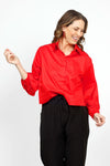 Planet Puffy Sleeve Shirt in Cherry. Pointed collar button down cropped shirt with covered button placket. Long baloon sleeve with gathered cuff. Oversized fit._t_34933300691144
