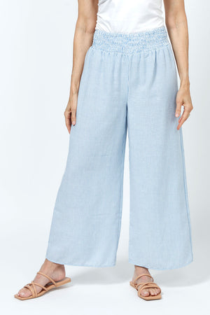 Organic Rags Washable Linen Smocked Pant in Denim/White. 3" smocked waistband pull on pant with wide leg. 13" width leg, 26 1/2" inseam._35181250740424