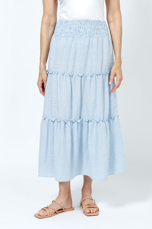 Organic Rags Washable Linen Smocked Waist Tiered Skirt in Denim and white stripes.  3" smocked waistband skirt with 3 flowing tiers.  Each tiers seam is ruffled.  A line shape.  36" length._35181449937096