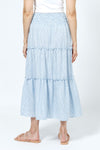 Organic Rags Washable Linen Smocked Waist Tiered Skirt in Denim and white stripes. 3" smocked waistband skirt with 3 flowing tiers. Each tiers seam is ruffled. A line shape. 36" length._t_35181449838792