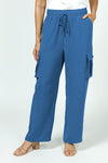 Top Ligne Wide Leg Cargo Pant in Indigo. Elastic waistband with drawstring. Front slash pockets. 2 side cargo pockets with button flap. Wide leg. Inseam: 28"_t_35985832214728