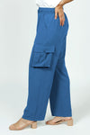 Top Ligne Wide Leg Cargo Pant in Indigo. Elastic waistband with drawstring. Front slash pockets. 2 side cargo pockets with button flap. Wide leg. Inseam: 28"_t_35985832247496