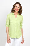 Top Ligne 2 Pocket Button Down Top in Lime. Textured fabric. Pointed collar with split v neck button down.  3/4 sleeve with button tab closure.  2 front chest patch pockets.  Shirt tail hem.  Relaxed fit._t_35438999896264