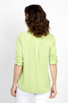 Top Ligne 2 Pocket Button Down Top in Lime. Textured fabric. Pointed collar with split v neck button down. 3/4 sleeve with button tab closure. 2 front chest patch pockets. Shirt tail hem. Relaxed fit._t_35439000289480