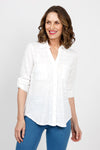 Top Ligne 2 Pocket Button Down Top in White. Textured fabric. Pointed collar with split v neck button down. 3/4 sleeve with button tab closure. 2 front chest patch pockets. Shirt tail hem. Relaxed fit._t_35439000158408