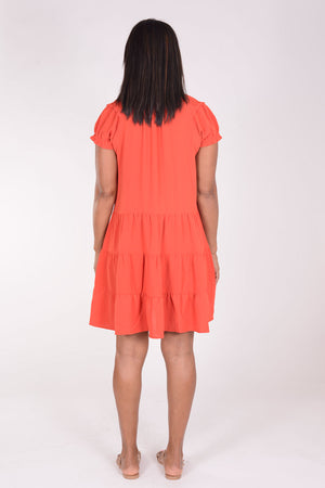 Top Ligne Tiered Ruffle Dress in Red. Open crew neck with ruffle trim and ties. Short raglan sleeve with ruffle detail and elastic cuff. Drop waist with 3 tiers below. Relaxed fit._34321753211080