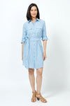 Organic Rags Washable Linen Striped Shirt Dress in Denim and white stripes. Pointed collar button down shirt dress with optional waist tie. 2 front flap pockets. 3/4 sleeve with button cuff and button tab. Back yoke. Curved hem. Relaxed fit._t_35181548470472