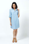 Organic Rags Washable Linen Striped Shirt Dress in Denim and white stripes. Pointed collar button down shirt dress with optional waist tie. 2 front flap pockets. 3/4 sleeve with button cuff and button tab. Back yoke. Curved hem. Relaxed fit._t_35181548404936