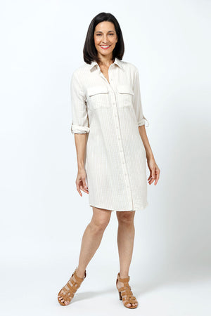 Organic Rags Washable Linen Striped Shirt Dress in Khaki and white stripes.  Pointed collar button down shirt dress with optional waist tie.  2 front flap pockets.  3/4 sleeve with button cuff and button tab.  Back yoke. Curved hem.  Relaxed fit._35181548503240
