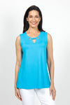 Top Ligne Sleeveless Grommet Keyhole Top in Azure.  Crew neck sleeveless a line tank.  Grommet and lace detail at neckline creates keyhole.  Relaxed fit._t_35072189038792
