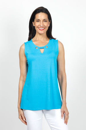 Top Ligne Sleeveless Grommet Keyhole Top in Azure.  Crew neck sleeveless a line tank.  Grommet and lace detail at neckline creates keyhole.  Relaxed fit._35072189038792