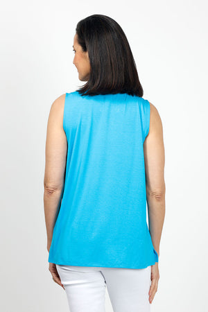 Top Ligne Sleeveless Grommet Keyhole Top in Azure. Crew neck sleeveless a line tank. Grommet and lace detail at neckline creates keyhole. Relaxed fit._35072189169864