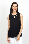 Top Ligne Sleeveless Grommet Keyhole Top in Black. Crew neck sleeveless a line tank. Grommet and lace detail at neckline creates keyhole. Relaxed fit._t_35072189104328