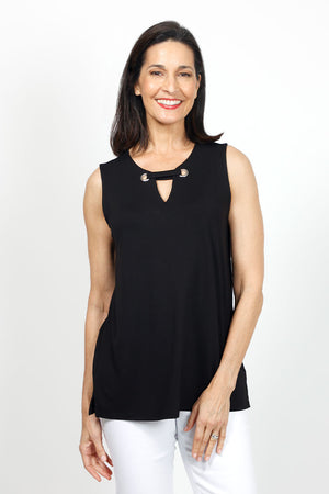 Top Ligne Sleeveless Grommet Keyhole Top in Black. Crew neck sleeveless a line tank. Grommet and lace detail at neckline creates keyhole. Relaxed fit._35072189104328