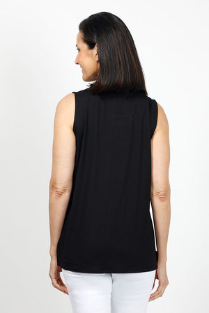 Top Ligne Sleeveless Grommet Keyhole Top in Black. Crew neck sleeveless a line tank. Grommet and lace detail at neckline creates keyhole. Relaxed fit._35072189300936