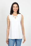 Top Ligne Sleeveless Grommet Keyhole Top in White. Crew neck sleeveless a line tank. Grommet and lace detail at neckline creates keyhole. Relaxed fit._t_35072189202632