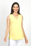 Top Ligne Sleeveless Grommet Keyhole Top in Lemon. Crew neck sleeveless a line tank. Grommet and lace detail at neckline creates keyhole. Relaxed fit._t_35072189006024