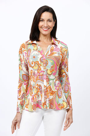 Cali Girls Paisley Pleated Blouse.  60's inspired paisley print in bright pastels on a white background.  Pointed collar button down with a v neck.  Long sleeves.  Vertical pleating creates soft flutter shape at the hem.  Relaxed fit._34827111858376