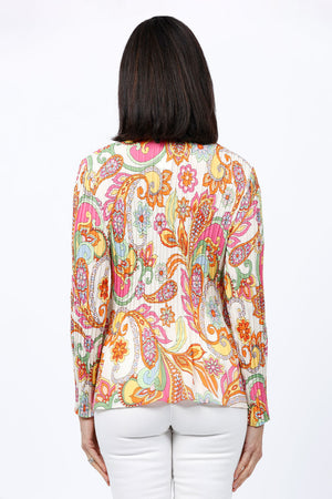 Cali Girls Paisley Pleated Blouse. 60's inspired paisley print in bright pastels on a white background. Pointed collar button down with a v neck. Long sleeves. Vertical pleating creates soft flutter shape at the hem. Relaxed fit._34827111923912