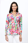 Cali Girls Abstract Floral Pleated Blouse.  Bright floral print.  Pointed collar v neck button down blouse.  Long sleeves.  Vertical pleats through body and sleeve. Relaxed fit._t_34827114676424
