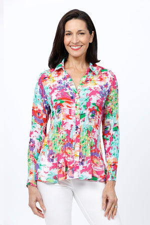Cali Girls Abstract Floral Pleated Blouse.  Bright floral print.  Pointed collar v neck button down blouse.  Long sleeves.  Vertical pleats through body and sleeve. Relaxed fit._34827114676424