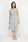 Top Ligne Pucker Stripe V Neck Dress in Black/White stripes.  Sleeveless. Surplice v neck with inset waistband.  Diagonal stripe bodice. Horizontal stripe skirt.  Fit and flare silhouette. Relaxed fit._t_60254666981742