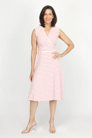 Top Ligne Pucker Stripe V Neck Dress in Coral/White stripes.  Sleeveless. Surplice v neck with inset waistband.  Diagonal stripe bodice. Horizontal stripe skirt.  Fit and flare silhouette. Relaxed fit._60254666883438