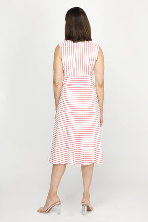 Top Ligne Pucker Stripe V Neck Dress in Coral/White stripes.  Sleeveless. Surplice v neck with inset waistband.  Diagonal stripe bodice. Horizontal stripe skirt.  Fit and flare silhouette. Relaxed fit._60254667014510