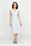 Top Ligne Pucker Stripe V Neck Dress in Denim/White stripes.  Sleeveless. Surplice v neck with inset waistband.  Diagonal stripe bodice. Horizontal stripe skirt.  Fit and flare silhouette. Relaxed fit._t_60254666850670