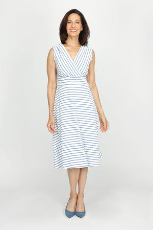Top Ligne Pucker Stripe V Neck Dress in Denim/White stripes.  Sleeveless. Surplice v neck with inset waistband.  Diagonal stripe bodice. Horizontal stripe skirt.  Fit and flare silhouette. Relaxed fit._60254666850670