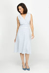 Top Ligne Pucker Stripe V Neck Dress in Denim/White stripes.  Sleeveless. Surplice v neck with inset waistband.  Diagonal stripe bodice. Horizontal stripe skirt.  Fit and flare silhouette. Relaxed fit._t_60254666916206