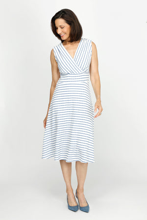 Top Ligne Pucker Stripe V Neck Dress in Denim/White stripes.  Sleeveless. Surplice v neck with inset waistband.  Diagonal stripe bodice. Horizontal stripe skirt.  Fit and flare silhouette. Relaxed fit._60254666916206