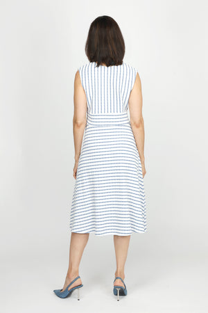 Top Ligne Pucker Stripe V Neck Dress in Denim/White stripes.  Sleeveless. Surplice v neck with inset waistband.  Diagonal stripe bodice. Horizontal stripe skirt.  Fit and flare silhouette. Relaxed fit._60254666948974