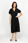 Top Ligne Airflow Bubble Sleeve Midi Dress in Black.  Banded v neck button down dress with defined waist, belt loops and self belt.  Short bubble sleeves.  2 front patch pockets.  Relaxed fit and flare._t_60216381243758