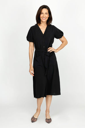 Top Ligne Airflow Bubble Sleeve Midi Dress in Black.  Banded v neck button down dress with defined waist, belt loops and self belt.  Short bubble sleeves.  2 front patch pockets.  Relaxed fit and flare._60216381243758