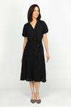 Top Ligne Airflow Bubble Sleeve Midi Dress in Black.  Banded v neck button down dress with defined waist, belt loops and self belt.  Short bubble sleeves.  2 front patch pockets.  Relaxed fit and flare._t_60216381178222