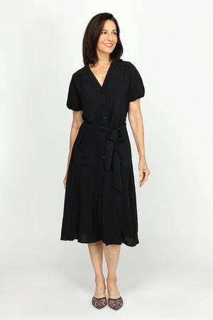 Top Ligne Airflow Bubble Sleeve Midi Dress in Black.  Banded v neck button down dress with defined waist, belt loops and self belt.  Short bubble sleeves.  2 front patch pockets.  Relaxed fit and flare._60216381178222