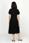 Top Ligne Airflow Bubble Sleeve Midi Dress in Black.  Banded v neck button down dress with defined waist, belt loops and self belt.  Short bubble sleeves.  2 front patch pockets.  Relaxed fit and flare._t_60216381210990