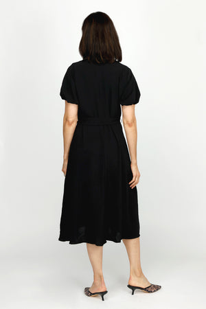 Top Ligne Airflow Bubble Sleeve Midi Dress in Black.  Banded v neck button down dress with defined waist, belt loops and self belt.  Short bubble sleeves.  2 front patch pockets.  Relaxed fit and flare._60216381210990